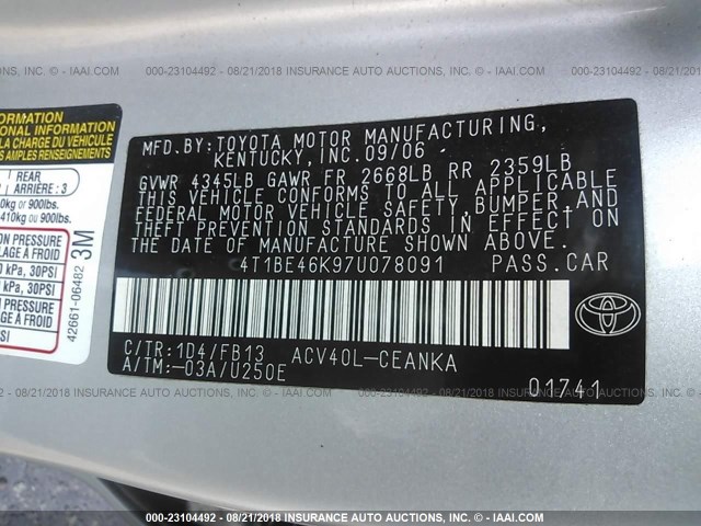 4T1BE46K97U078091 - 2007 TOYOTA CAMRY NEW GENERAT CE/LE/XLE/SE SILVER photo 9