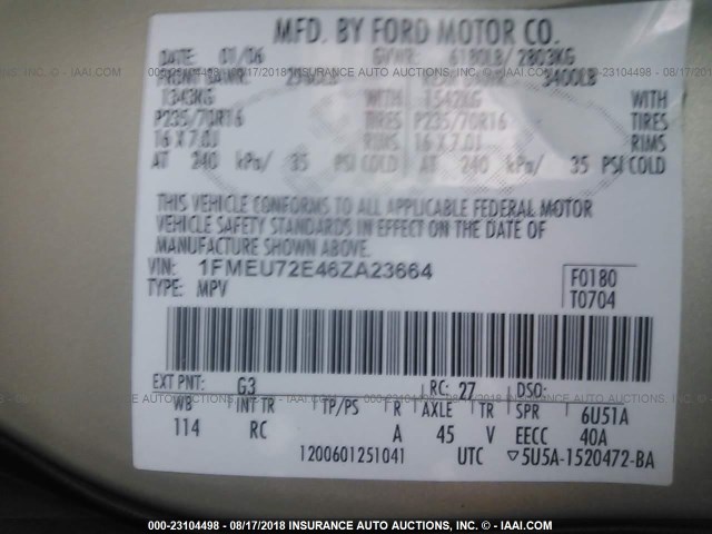 1FMEU72E46ZA23664 - 2006 FORD EXPLORER XLS TAN photo 9