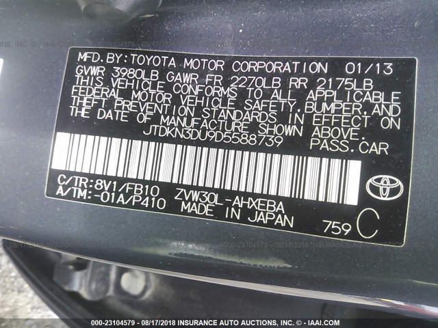 JTDKN3DU9D5588739 - 2013 TOYOTA PRIUS GRAY photo 9