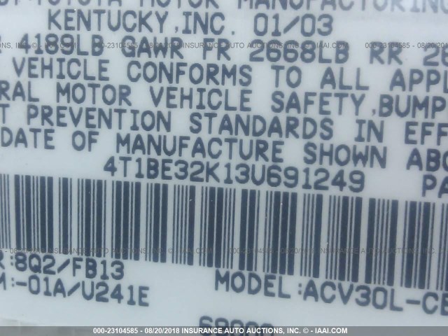 4T1BE32K13U691249 - 2003 TOYOTA CAMRY LE/XLE/SE BLUE photo 9