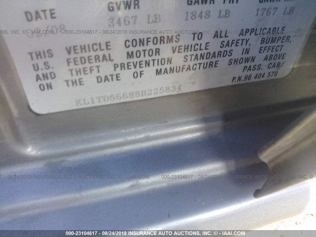 KL1TD56688B225834 - 2008 CHEVROLET AVEO LS GRAY photo 9