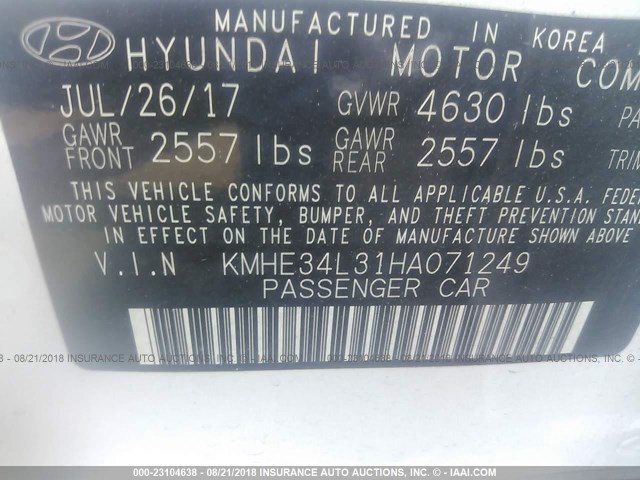 KMHE34L31HA071249 - 2017 HYUNDAI SONATA HYBRID/LIMITED WHITE photo 9