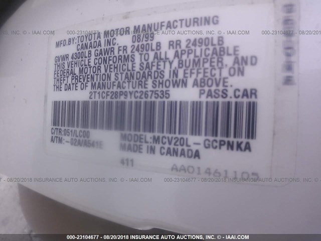 2T1CF28P9YC267535 - 2000 TOYOTA CAMRY SOLARA SE/SLE თეთრი ფოტო 9