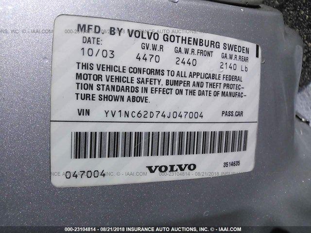 YV1NC62D74J047004 - 2004 VOLVO C70 HPT SILVER photo 9