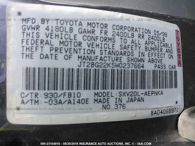 JT2BG22K5W0237664 - 1998 TOYOTA CAMRY CE/LE/XLE 灰色 照片 9