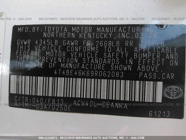 4T4BE46K69R062083 - 2009 TOYOTA CAMRY SE/LE/XLE 白色 照片 9