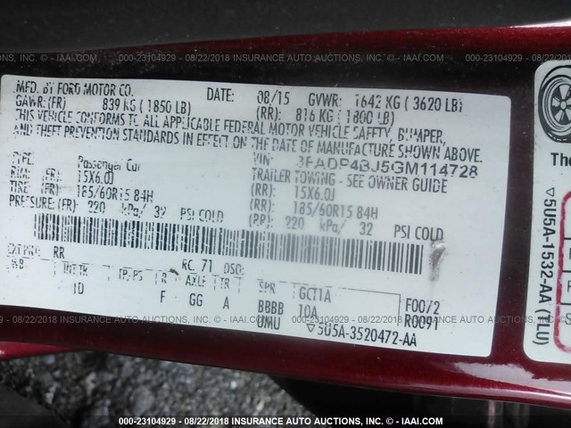 3FADP4BJ5GM114728 - 2016 FORD FIESTA SE RED photo 9
