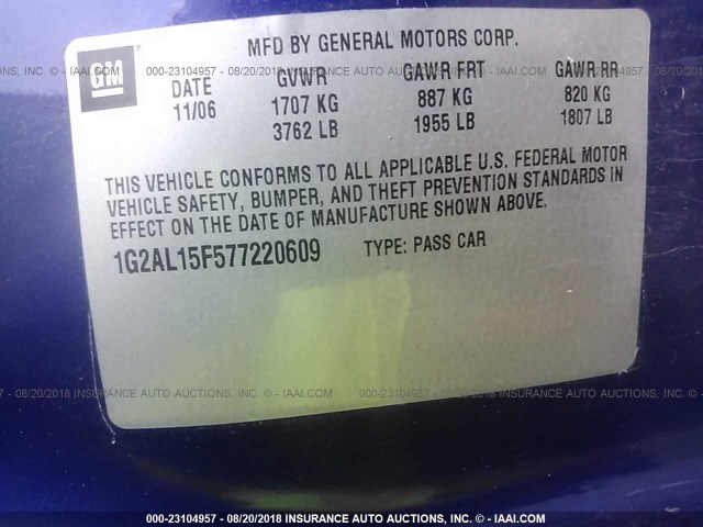 1G2AL15F577220609 - 2007 PONTIAC G5 BLUE photo 9