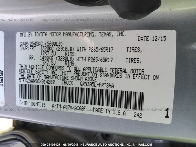 5TFCZ5AN9GX014202 - 2016 TOYOTA TACOMA DBL CAB/SR/SR5/TRD SPT/OR SILVER photo 9