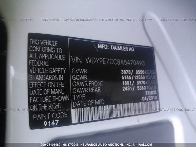 WDYPE7CC8A5470493 - 2010 FREIGHTLINER Sprinter 2500 WHITE photo 9