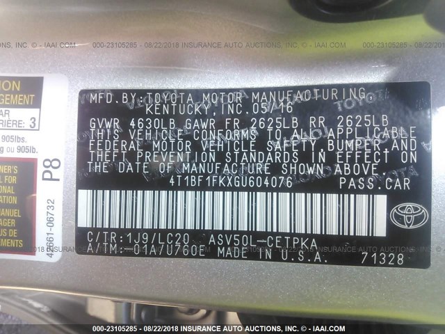 4T1BF1FKXGU604076 - 2016 TOYOTA CAMRY LE/XLE/SE/XSE SILVER photo 9