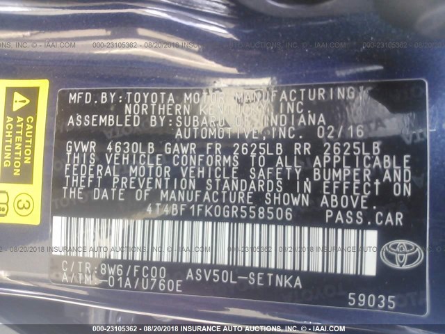 4T4BF1FK0GR558506 - 2016 TOYOTA CAMRY LE/XLE/SE/XSE 蓝色 照片 9