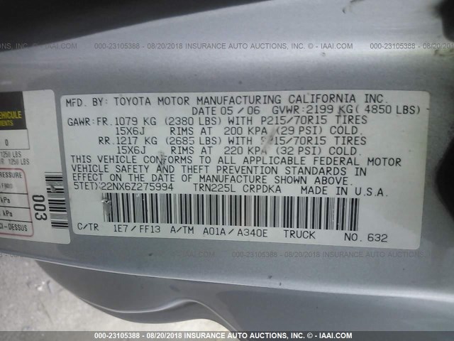 5TETX22NX6Z275994 - 2006 TOYOTA TACOMA ACCESS CAB SILVER photo 9