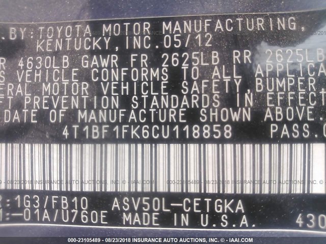 4T1BF1FK6CU118858 - 2012 TOYOTA CAMRY SE/LE/XLE 灰色 照片 9