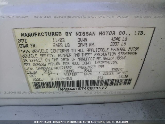 1N4BA41E74C871527 - 2004 NISSAN MAXIMA SE/SL WHITE photo 9