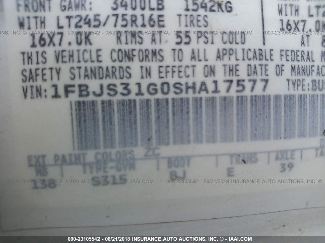 1FBJS31G0SHA17577 - 1995 FORD ECONOLINE E350 SUPER DUTY WHITE photo 9