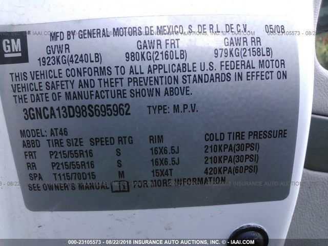 3GNCA13D98S695962 - 2008 CHEVROLET HHR LS WHITE photo 9