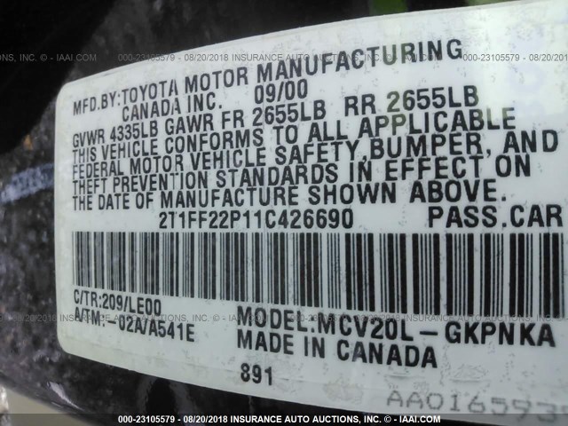 2T1FF22P11C426690 - 2001 TOYOTA CAMRY SOLARA SE/SLE BLACK photo 9