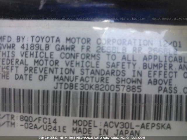 JTDBE30K820057885 - 2002 TOYOTA CAMRY LE/XLE/SE Dark Blue photo 9