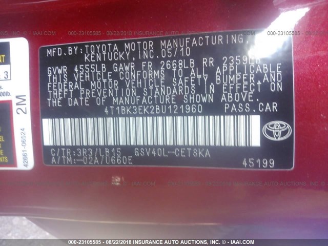 4T1BK3EK2BU121960 - 2011 TOYOTA CAMRY SE/LE/XLE წითელი ფოტო 9