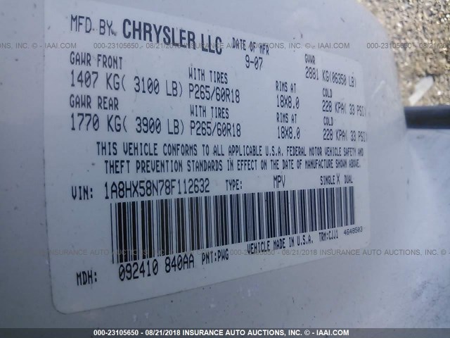 1A8HX58N78F112632 - 2008 CHRYSLER ASPEN LIMITED WHITE photo 9