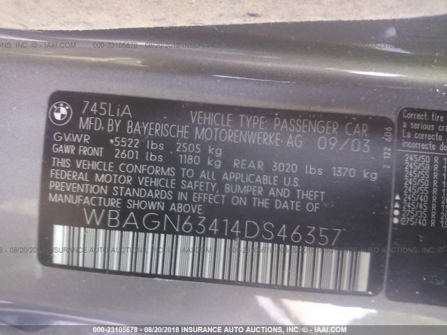 WBAGN63414DS46357 - 2004 BMW 745 LI Gris foto 9