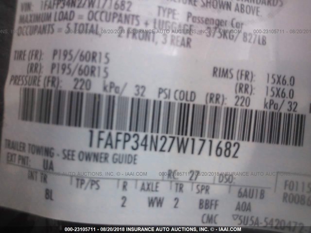 1FAFP34N27W171682 - 2007 FORD FOCUS ZX4/S/SE/SES 黑色 照片 9