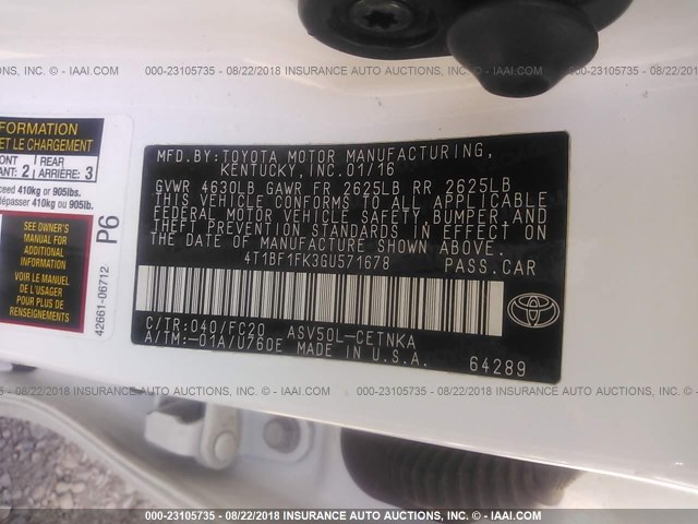 4T1BF1FK3GU571678 - 2016 TOYOTA CAMRY LE/XLE/SE/XSE 白色 照片 9