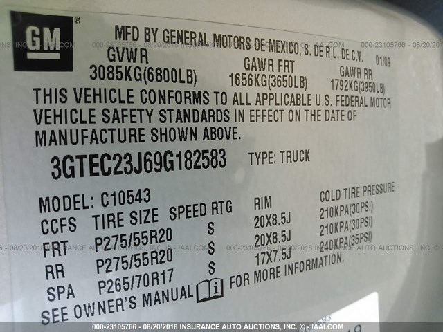 3GTEC23J69G182583 - 2009 GMC SIERRA C1500 SLE GRAY photo 9