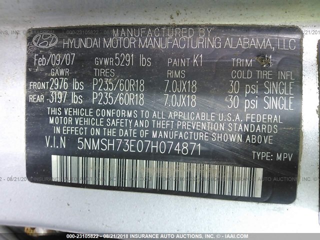 5NMSH73E07H074871 - 2007 HYUNDAI SANTA FE SE/LIMITED SILVER photo 9