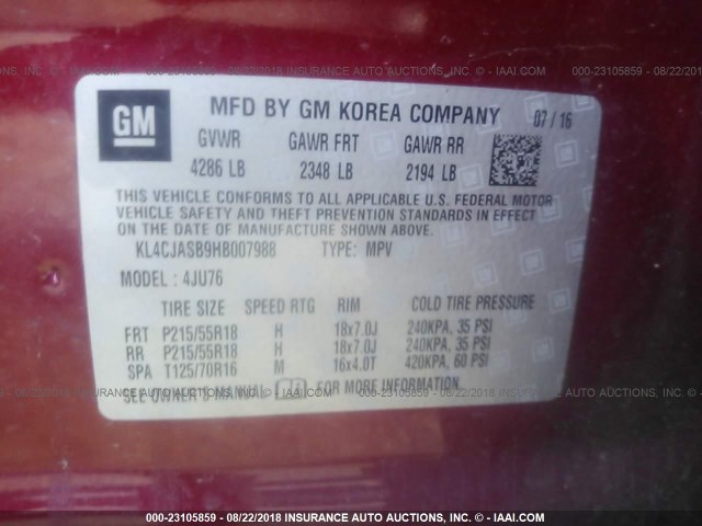 KL4CJASB9HB007988 - 2017 BUICK ENCORE PREFERRED RED photo 9