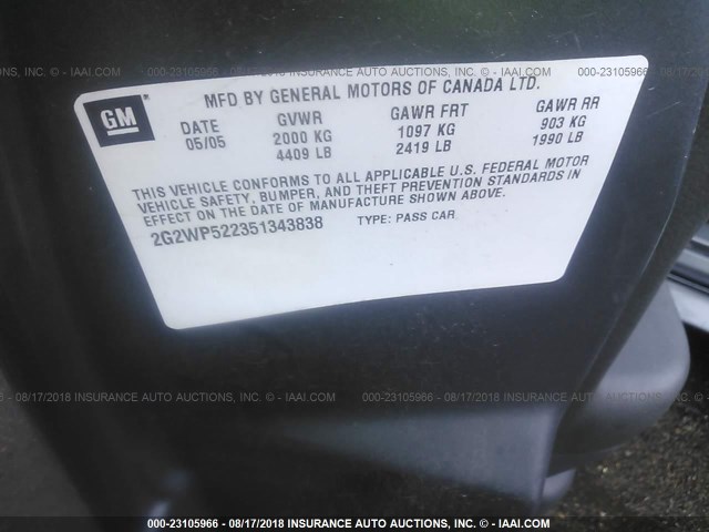 2G2WP522351343838 - 2005 PONTIAC GRAND PRIX Сірий фото 9
