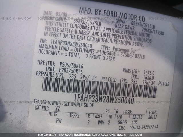 1FAHP33N28W250040 - 2008 FORD FOCUS SE/SEL/SES WHITE photo 9