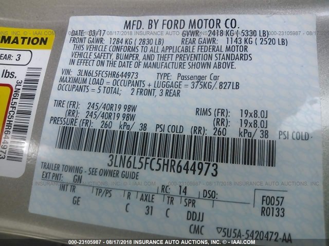 3LN6L5FC5HR644973 - 2017 LINCOLN MKZ RESERVE თაფლისფერი ფოტო 9