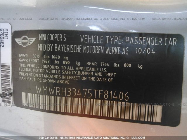 WMWRH33475TF81406 - 2005 MINI COOPER S 银色 照片 9