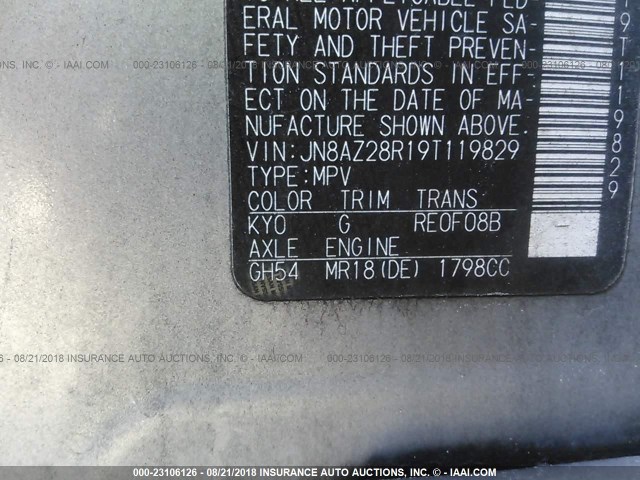 JN8AZ28R19T119829 - 2009 NISSAN CUBE S/SL SILVER photo 9