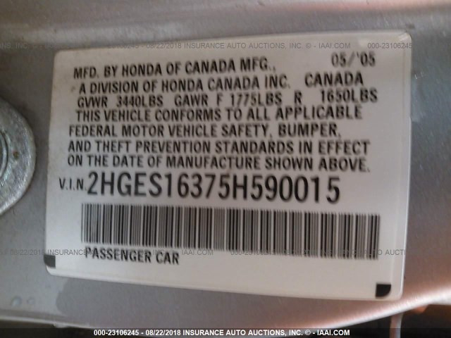 2HGES16375H590015 - 2005 HONDA CIVIC DX VP Gümüş foto 9