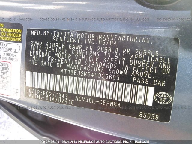 4T1BE32K64U926603 - 2004 TOYOTA CAMRY LE/XLE/SE 蓝色 照片 9