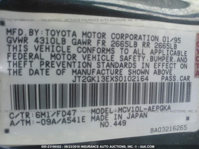 JT2GK13EXS0102164 - 1995 TOYOTA CAMRY XLE GREEN photo 9