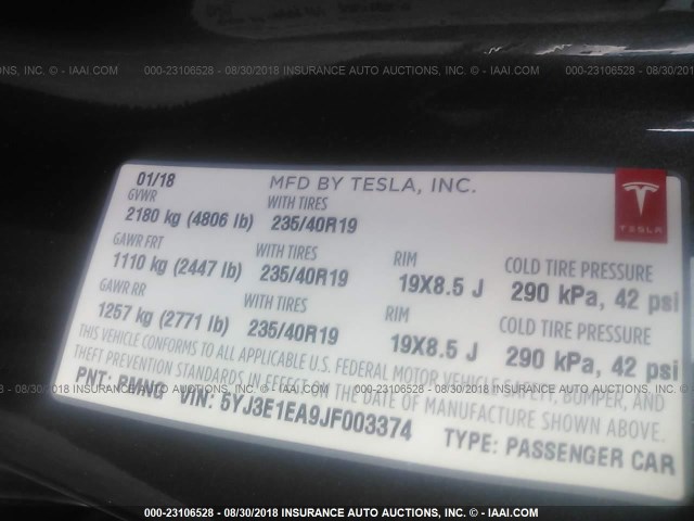 5YJ3E1EA9JF003374 - 2018 TESLA MODEL 3 ნაცრისფერი ფოტო 9