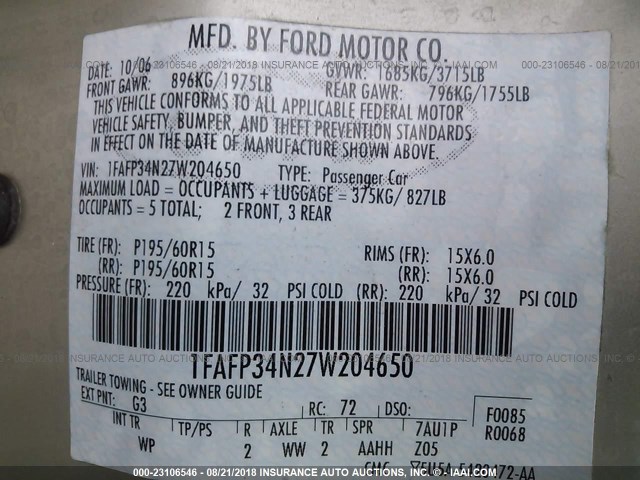 1FAFP34N27W204650 - 2007 FORD FOCUS ZX4/S/SE/SES 金色 照片 9