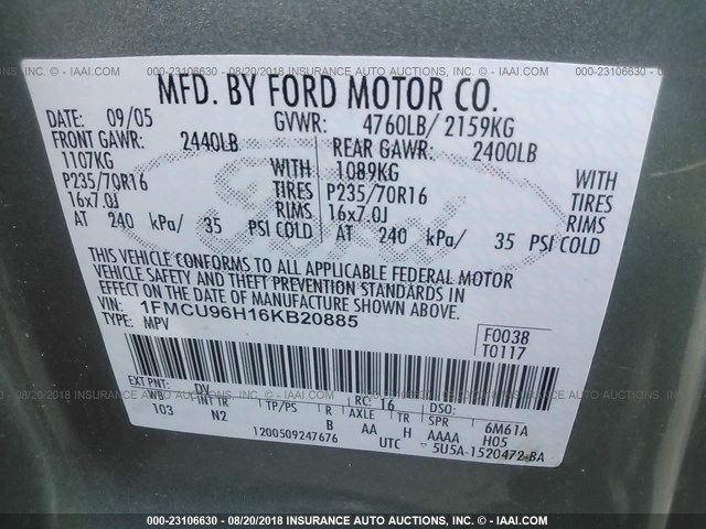 1FMCU96H16KB20885 - 2006 FORD ESCAPE HEV GREEN photo 9