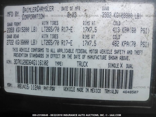 3D7KU28D64G116102 - 2004 DODGE RAM 2500 ST/SLT 灰色 照片 9