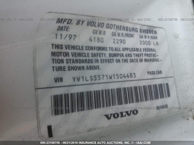 YV1LS5571W1504483 - 1998 VOLVO S70 WHITE photo 9