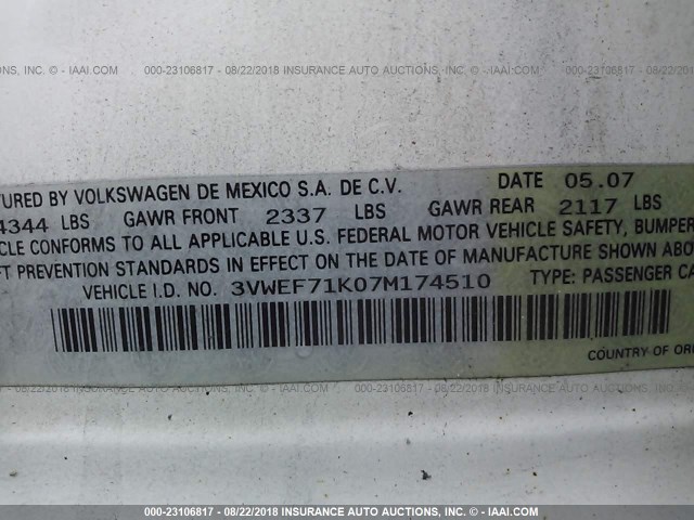 3VWEF71K07M174510 - 2007 VOLKSWAGEN JETTA WOLFSBURG 白色 照片 9