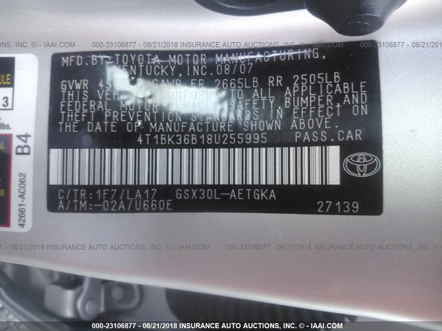 4T1BK36B18U255995 - 2008 TOYOTA AVALON SILVER photo 9