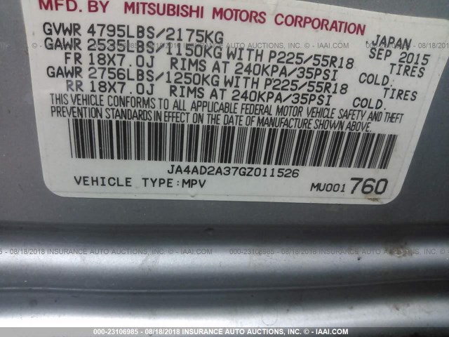 JA4AD2A37GZ011526 - 2016 MITSUBISHI OUTLANDER ES 银色 照片 9