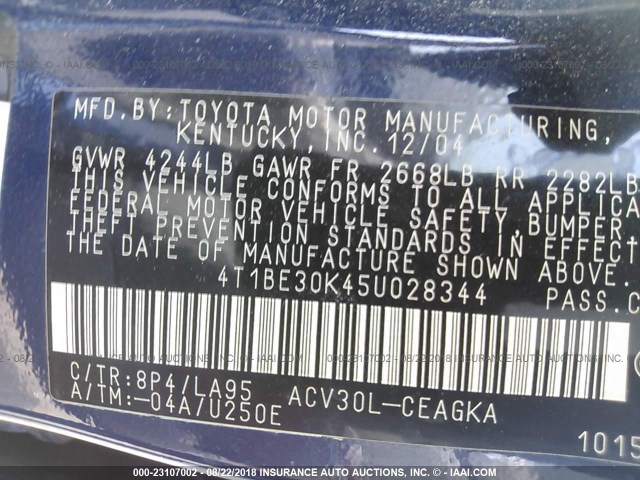 4T1BE30K45U028344 - 2005 TOYOTA CAMRY LE/XLE/SE 蓝色 照片 9