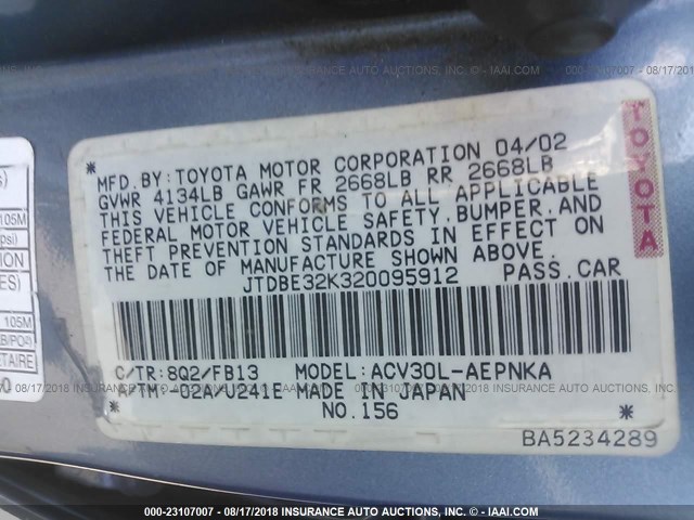 JTDBE32K320095912 - 2002 TOYOTA CAMRY LE/XLE/SE Mavi foto 9