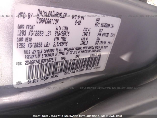 2D4GP74L83R107513 - 2003 DODGE GRAND CARAVAN EX SILVER photo 9